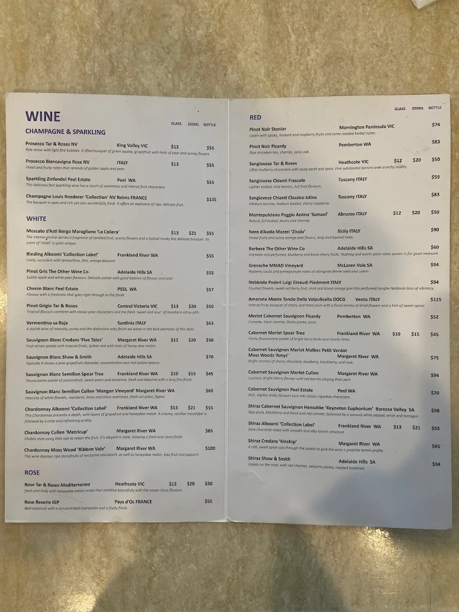 Menu, Paparazzi Italian Restaurant Mandurah