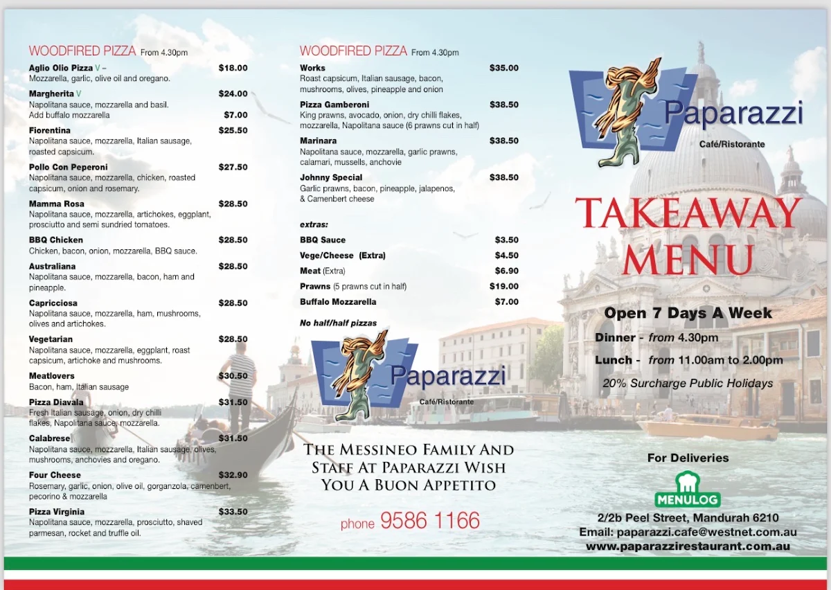 Menu, Paparazzi Italian Restaurant Mandurah