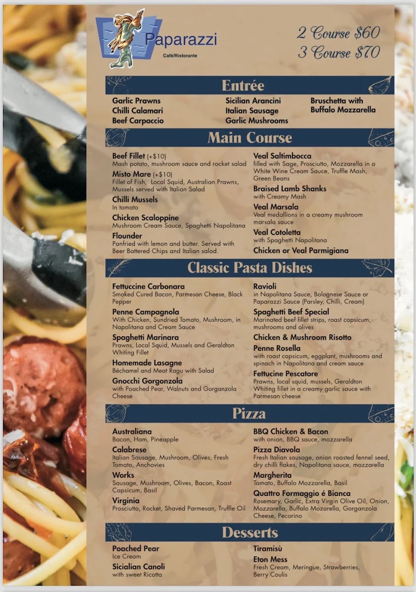 Menu, Paparazzi Italian Restaurant Mandurah