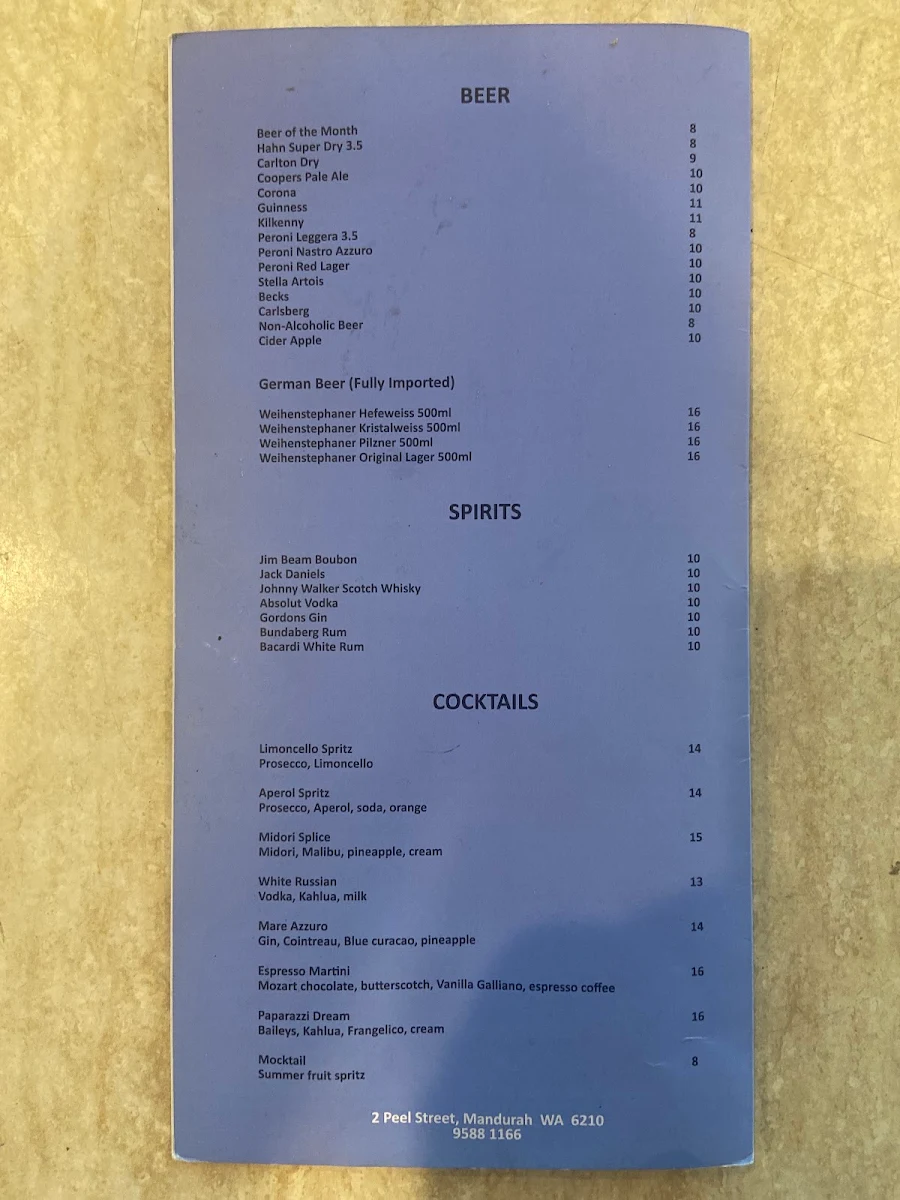 Menu, Paparazzi Italian Restaurant Mandurah