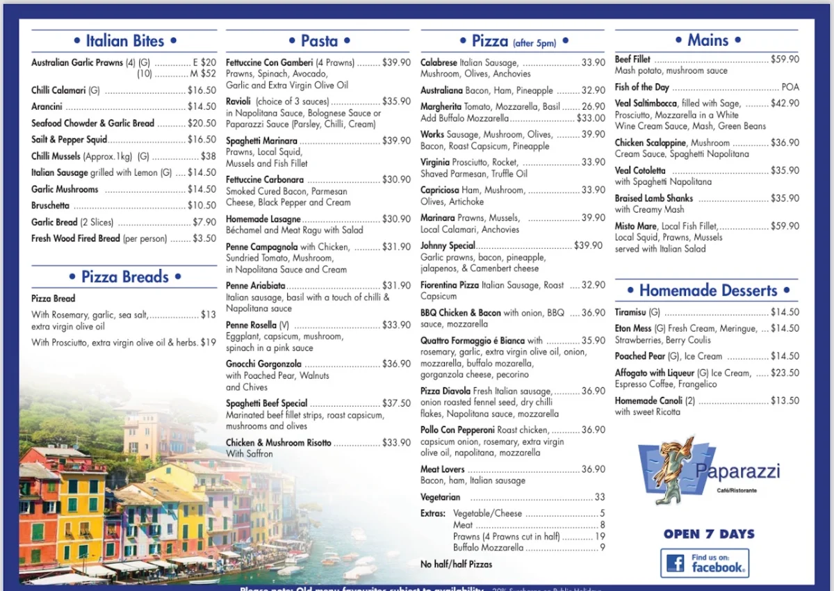 Menu, Paparazzi Italian Restaurant Mandurah