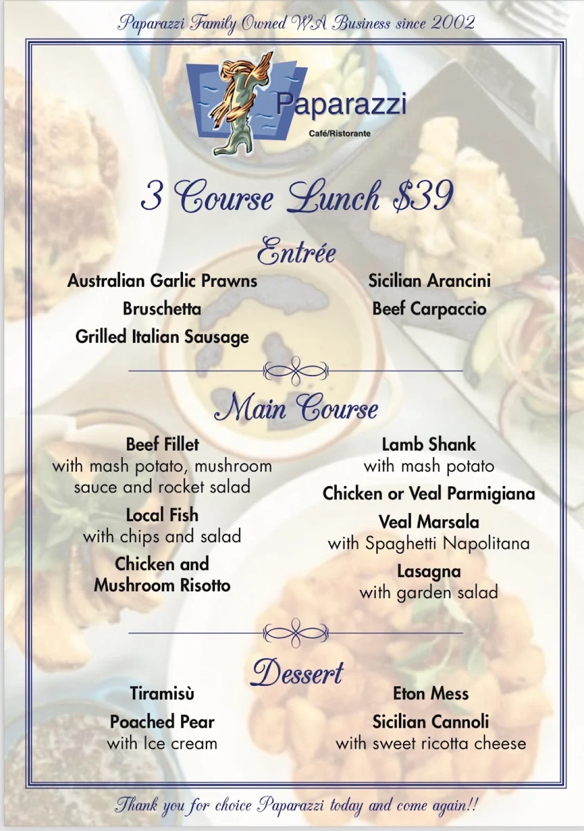Menu, Paparazzi Italian Restaurant Mandurah