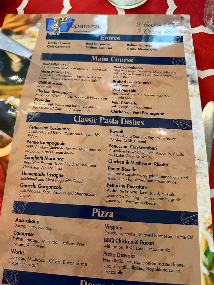 Menu, Paparazzi Italian Restaurant Mandurah