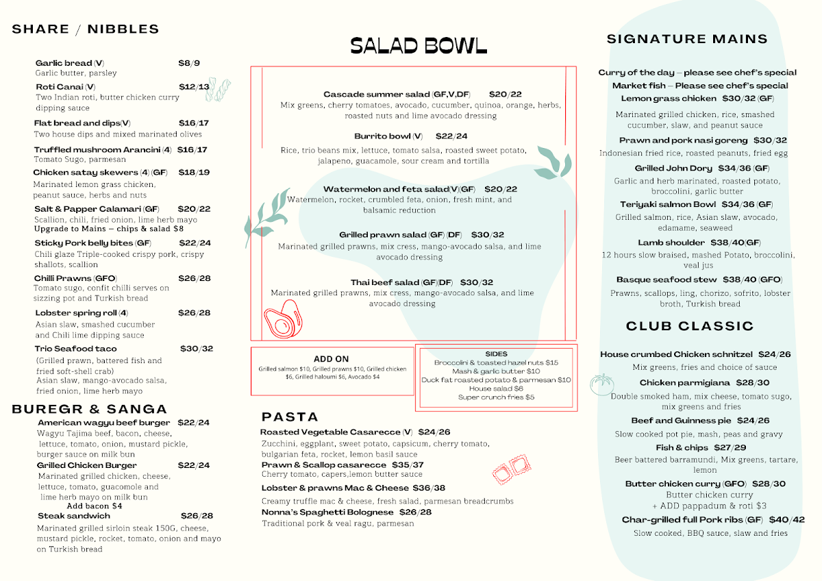 Menu, Cascade Dining