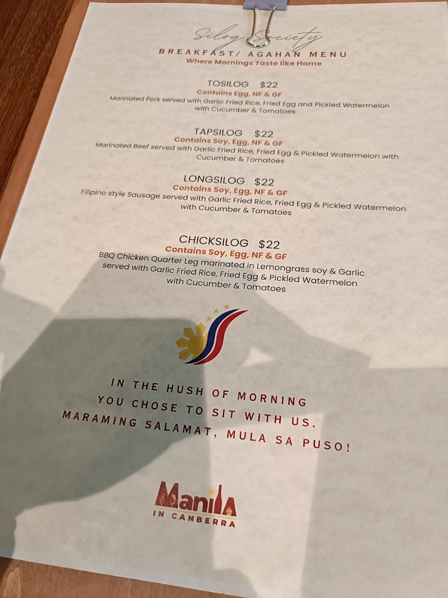 Menu, Manila in Canberra