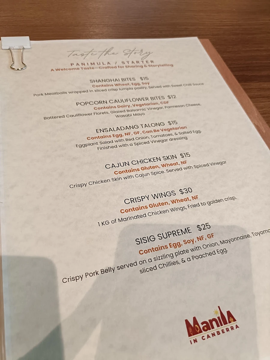 Menu, Manila in Canberra