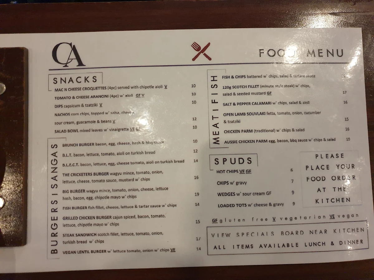 Menu, Cricketers Arms Hotel