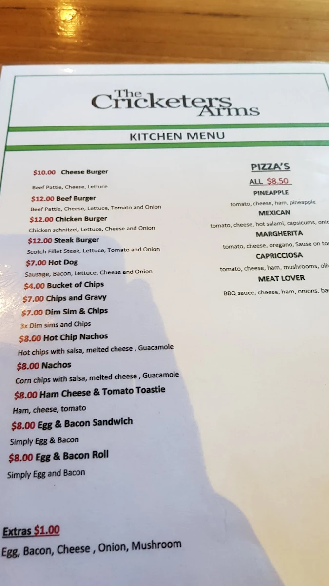 Menu, Cricketers Arms Hotel