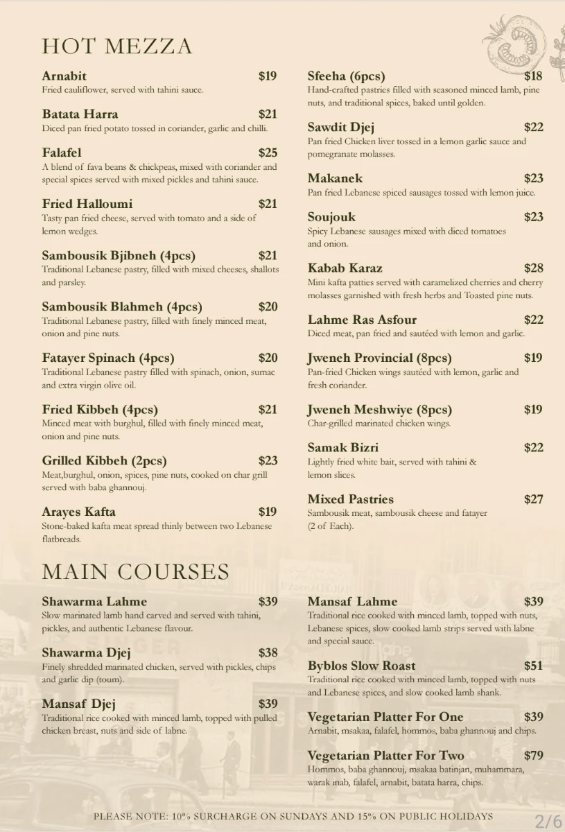 Menu, Byblos On OConnell
