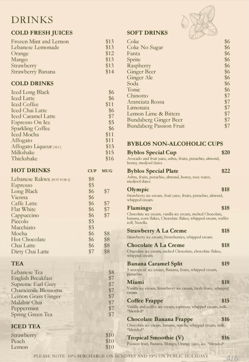 Menu, Byblos On OConnell