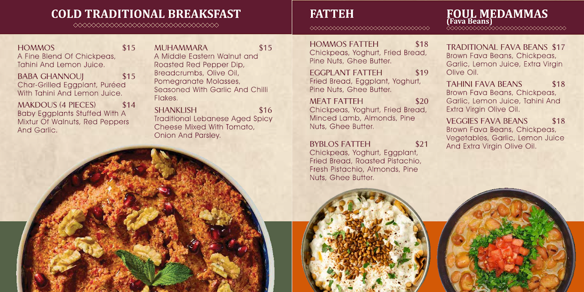 Menu, Byblos On OConnell