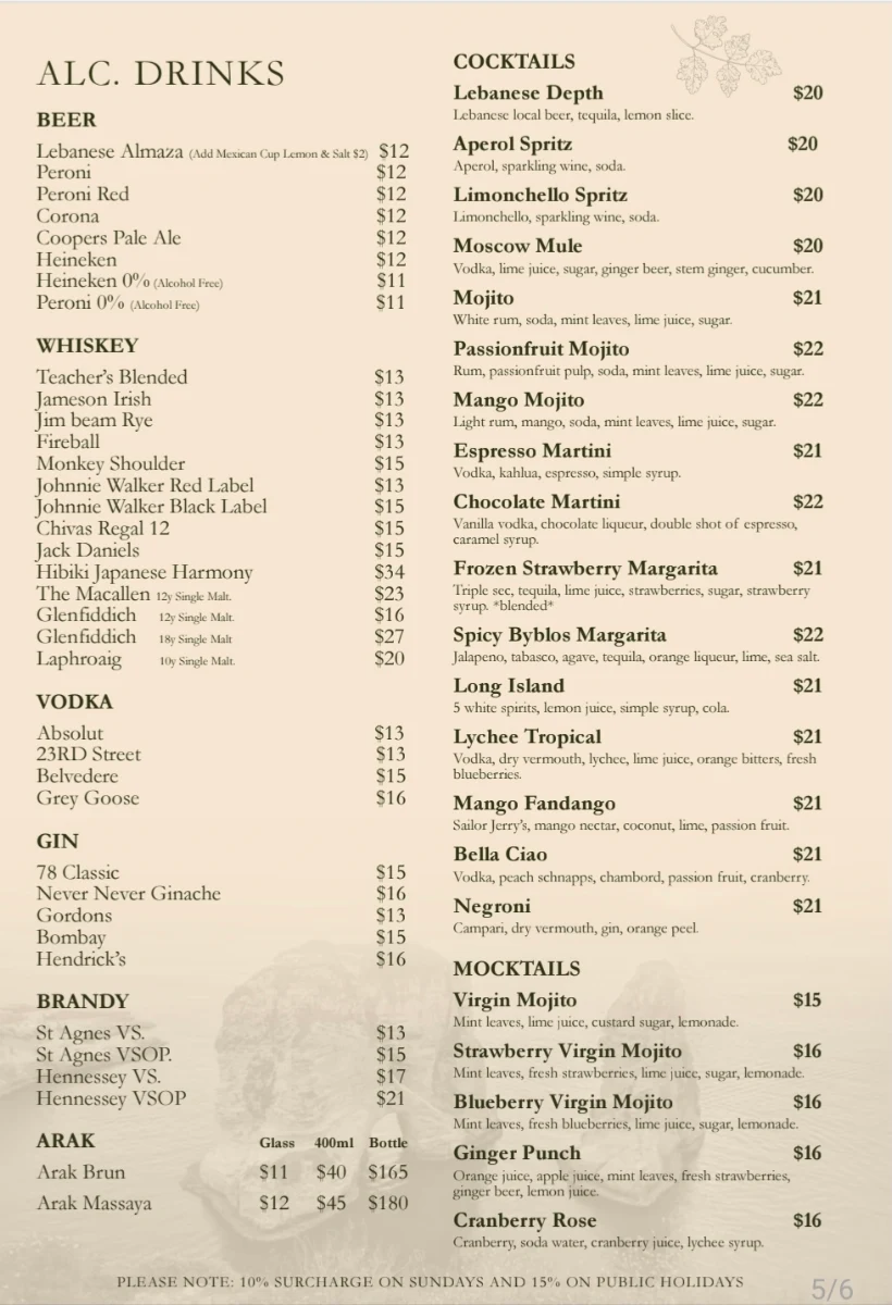 Menu, Byblos On OConnell