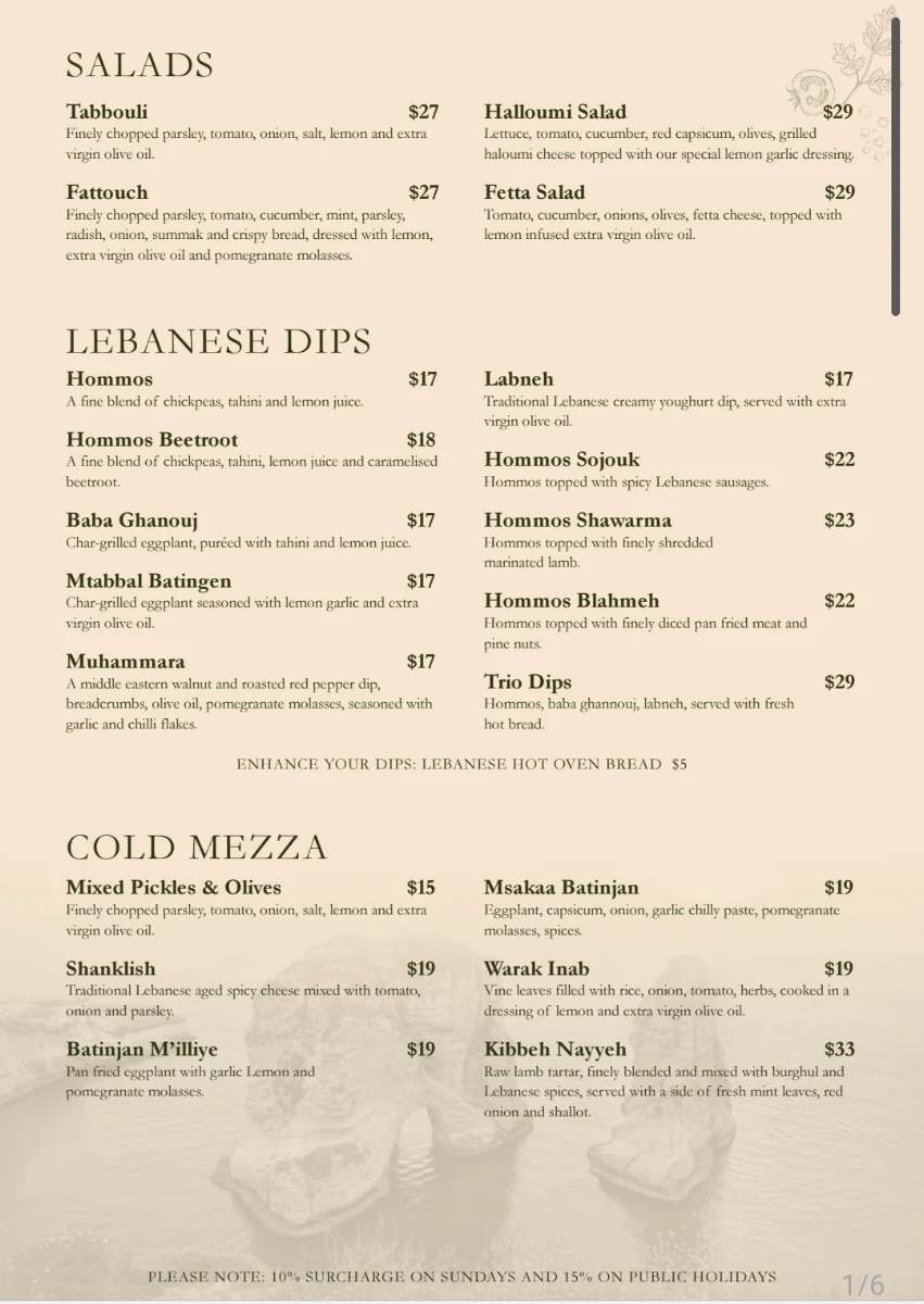 Menu, Byblos On OConnell
