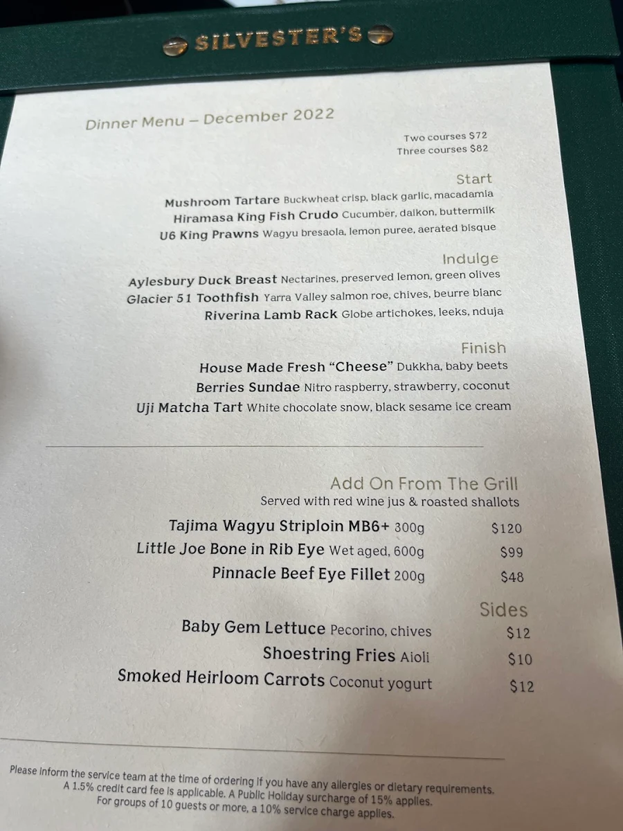 Menu, Silvester's Restaurant & Lounge