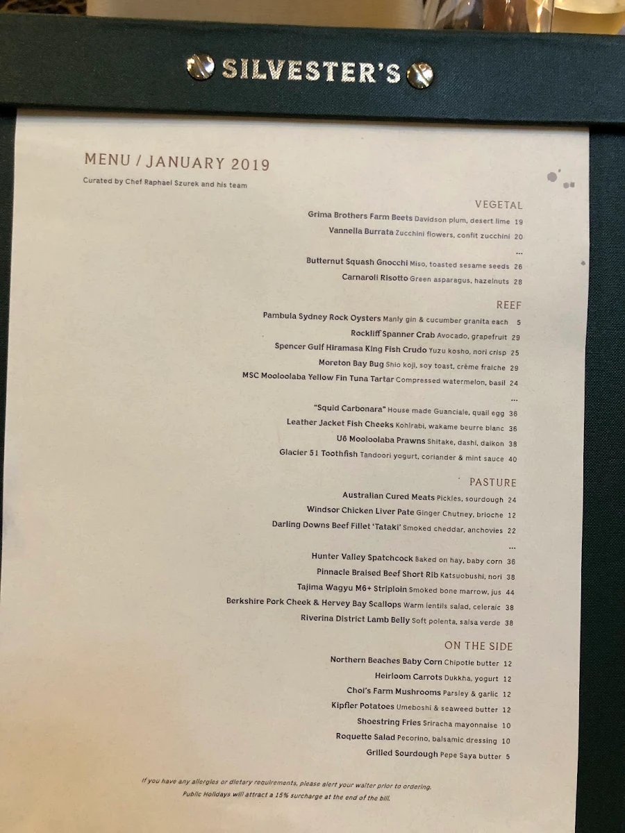 Menu, Silvester's Restaurant & Lounge