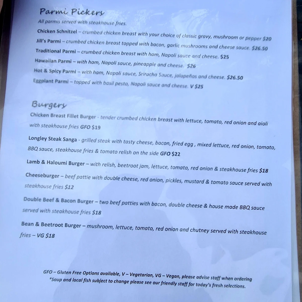 Menu, Longley International Hotel