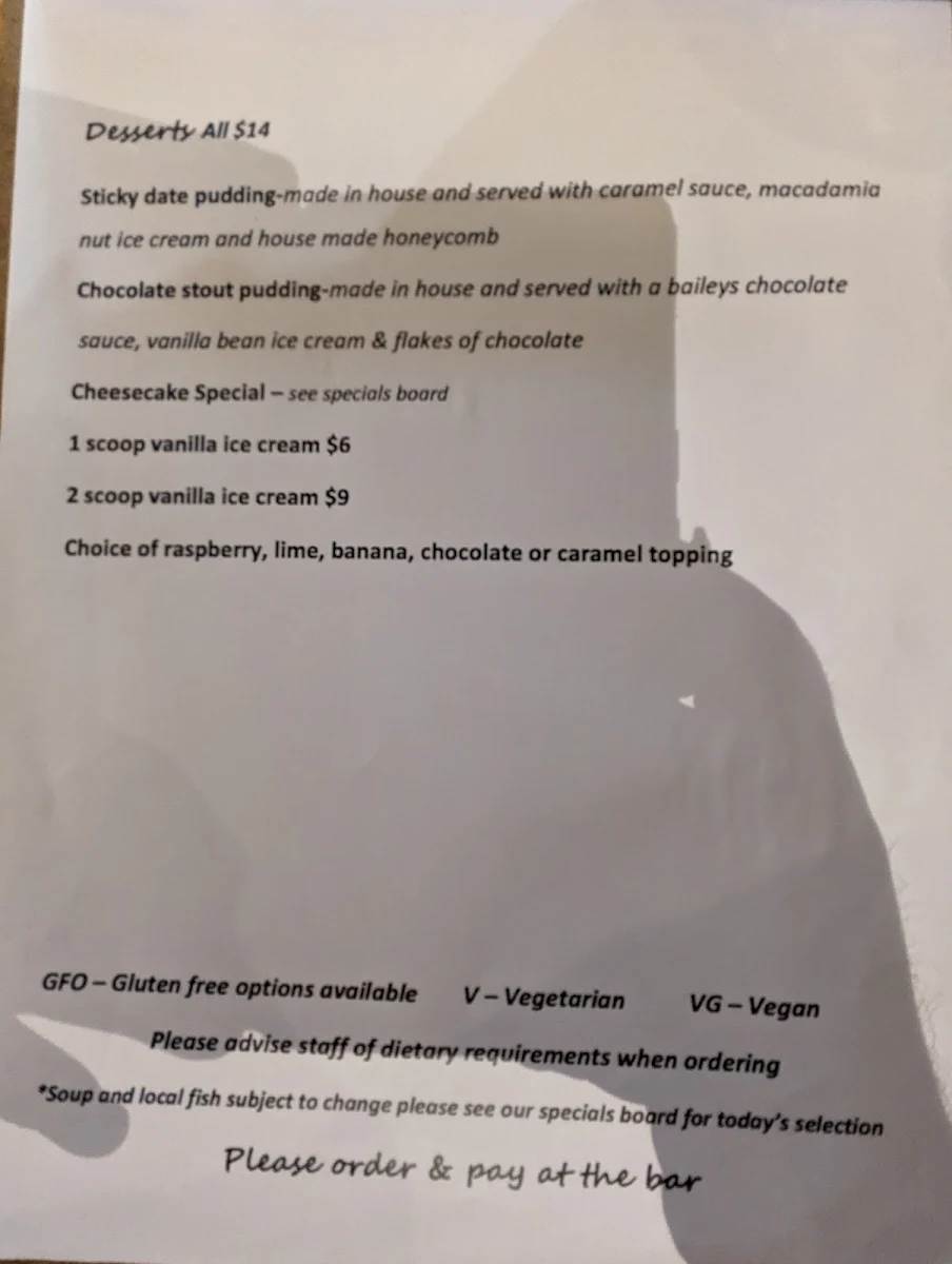 Menu, Longley International Hotel
