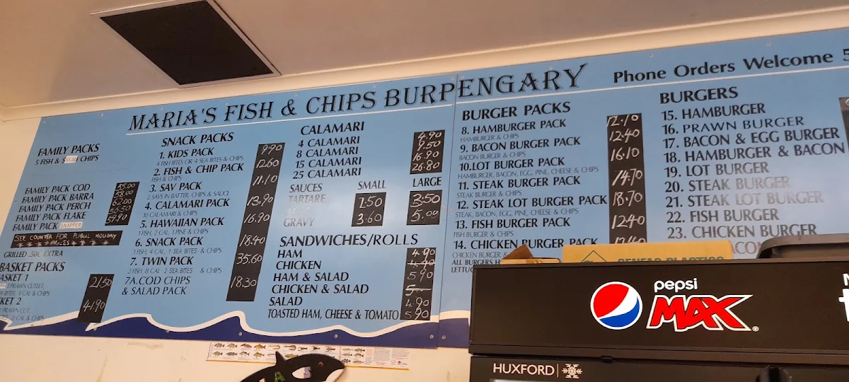 Menu, Maria's Fish & Chips