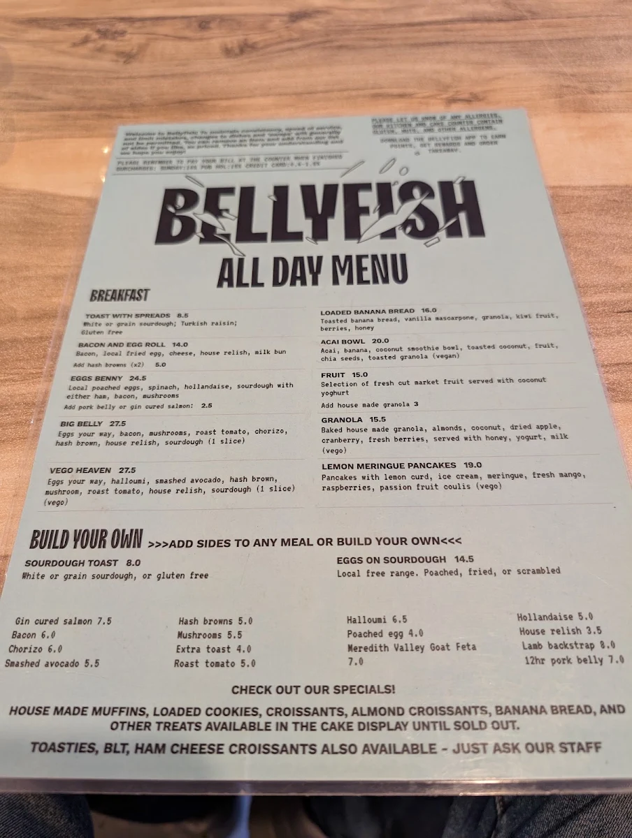Menu, Bellyfish Cafe