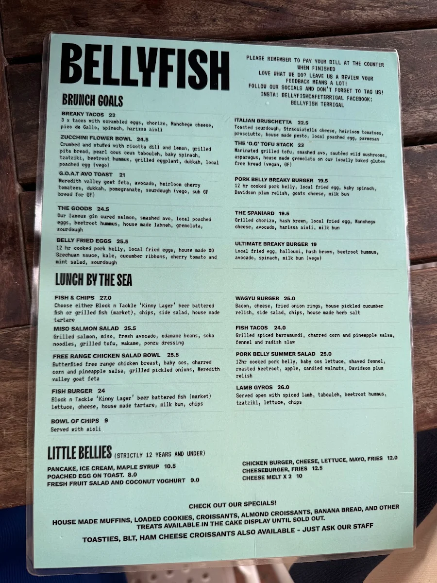 Menu, Bellyfish Cafe