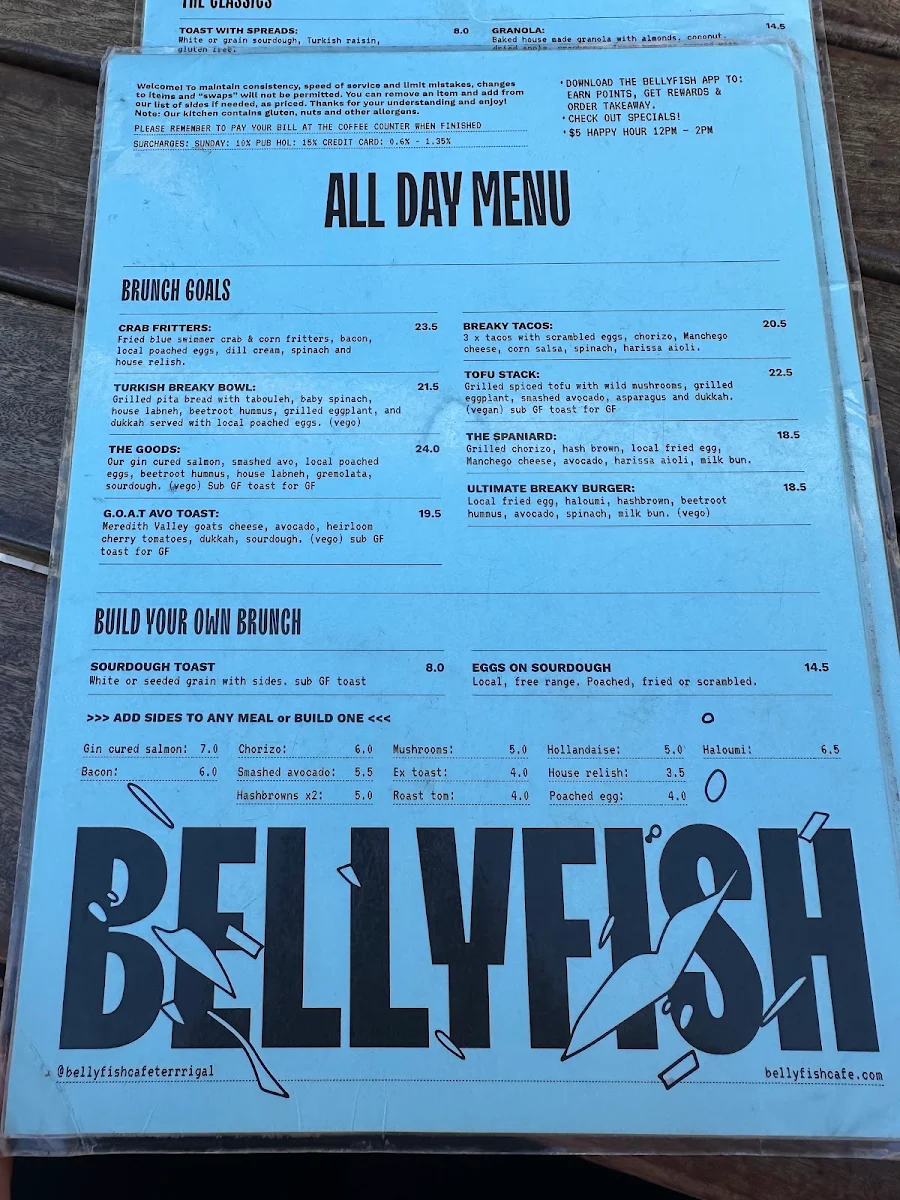 Menu, Bellyfish Cafe