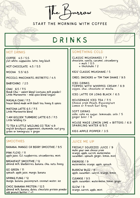 Menu, The Burrow Cherrybrook