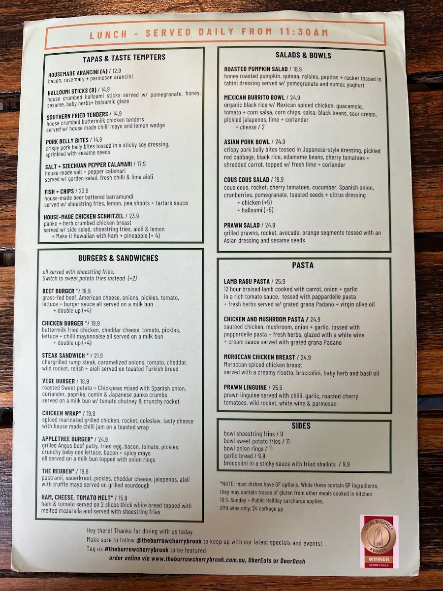 Menu, The Burrow Cherrybrook