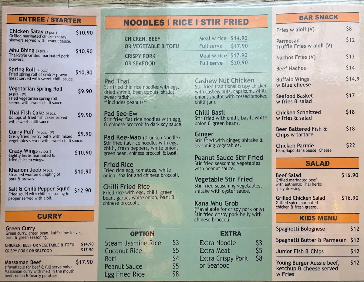 Menu, MANA Thai Bistro - Glebe