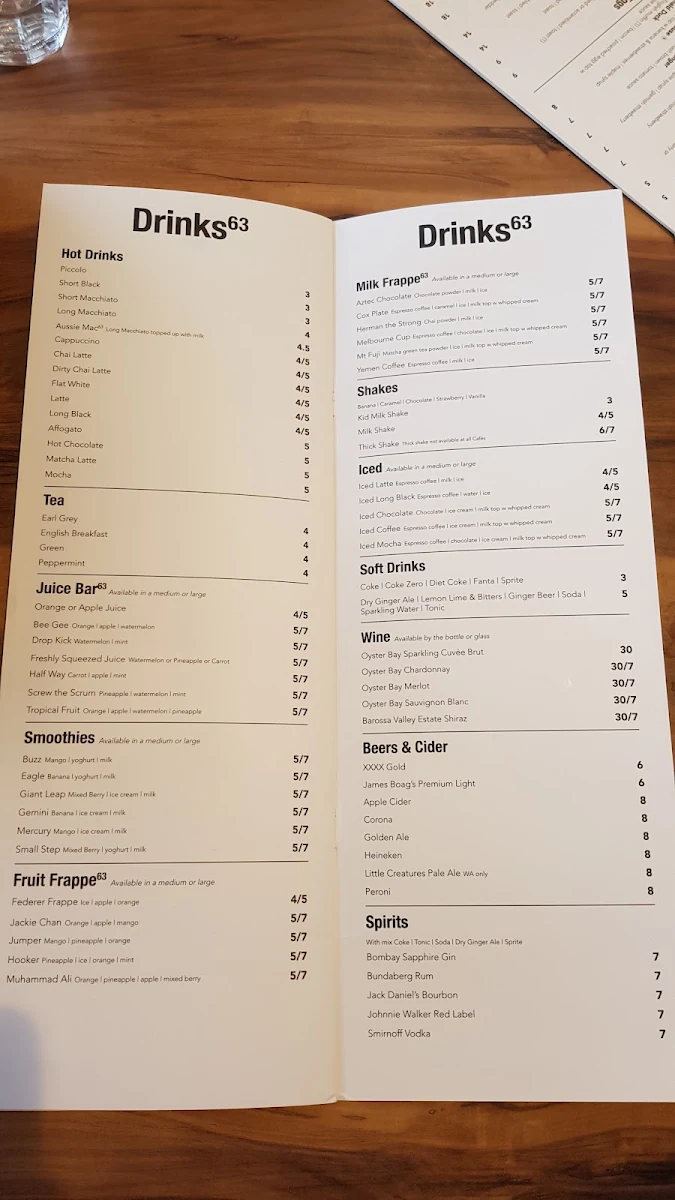 Menu, Café63© Enoggera