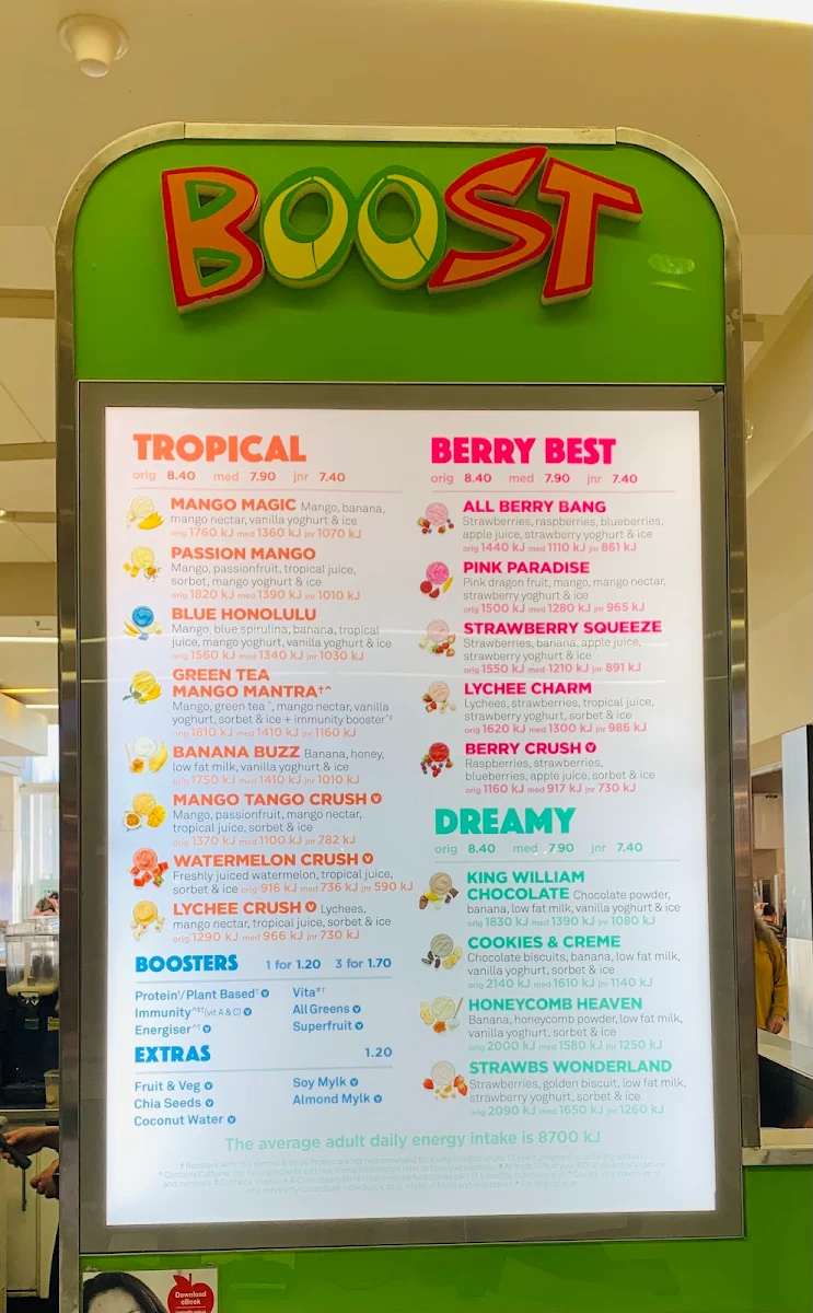 Menu, Boost Juice Arndale
