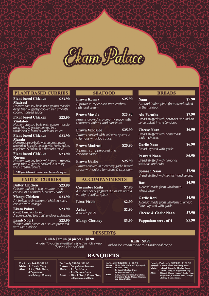 Menu, Ekam Palace Indian Restaurant