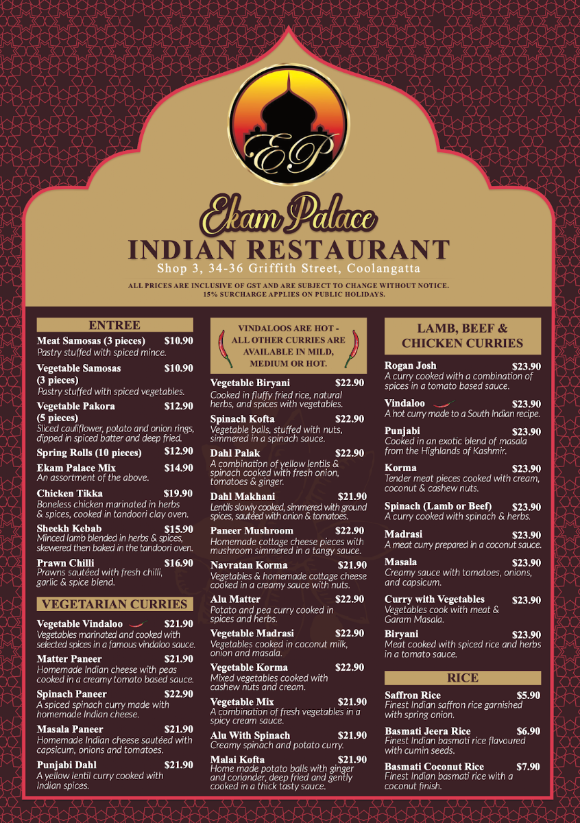 Menu, Ekam Palace Indian Restaurant