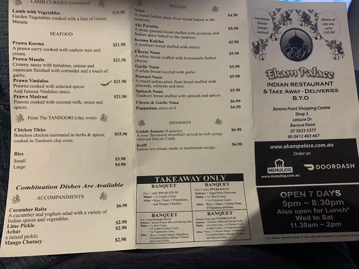 Menu, Ekam Palace Indian Restaurant