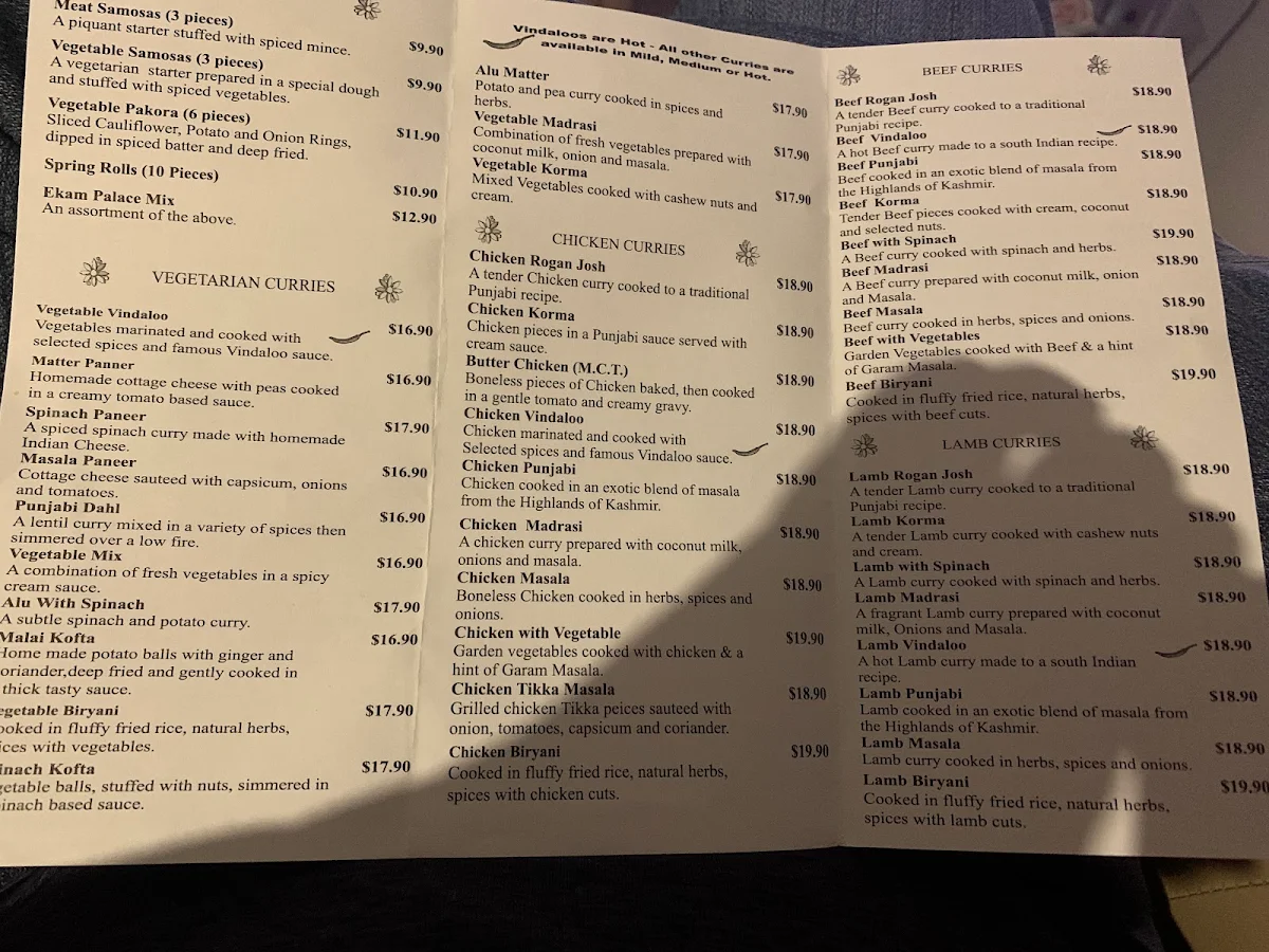 Menu, Ekam Palace Indian Restaurant