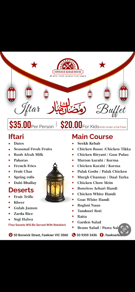 Menu, Fawkner Kebab House