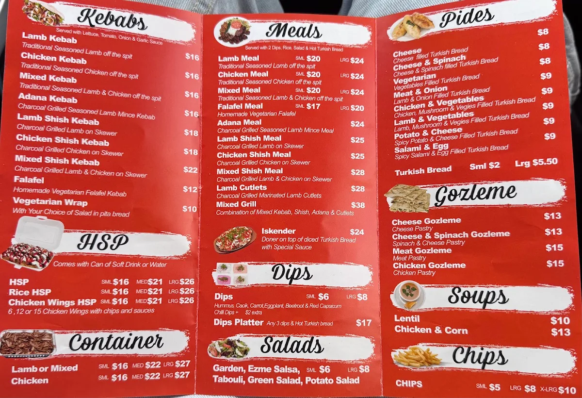 Menu, Fawkner Kebab House