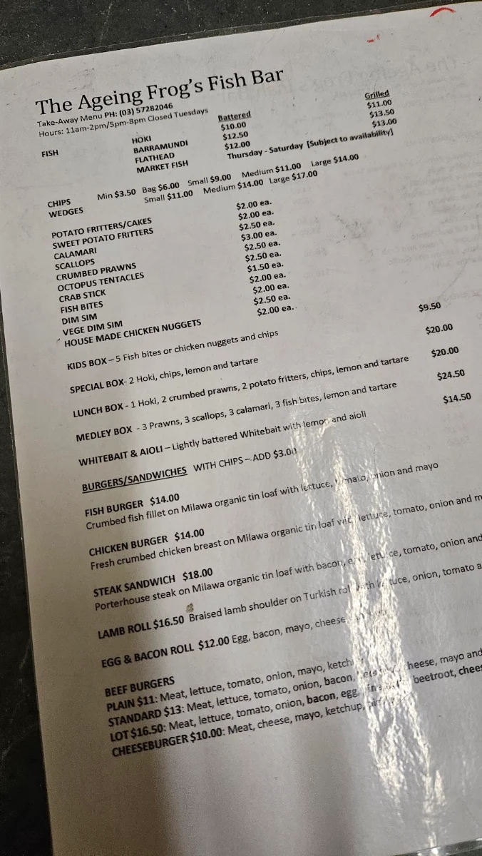 Menu, The Ageing Frog Fish Bar