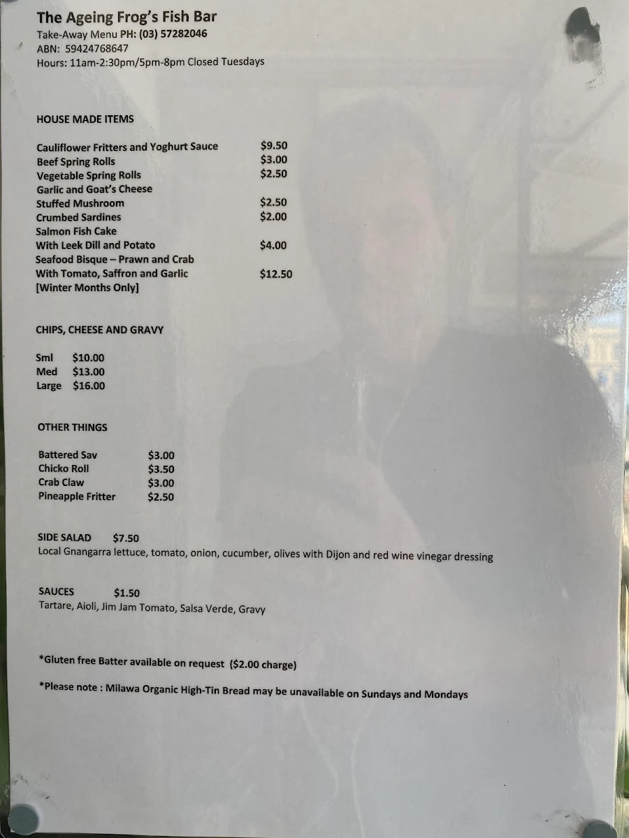 Menu, The Ageing Frog Fish Bar