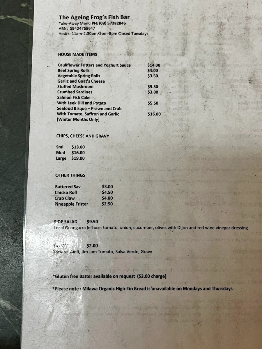 Menu, The Ageing Frog Fish Bar