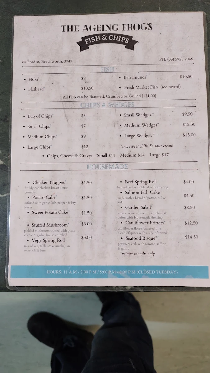 Menu, The Ageing Frog Fish Bar