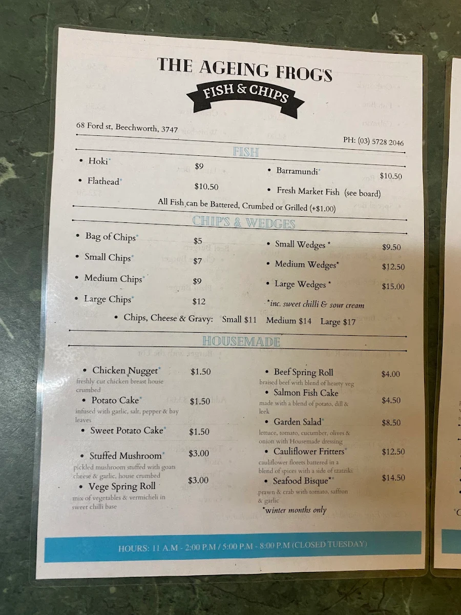 Menu, The Ageing Frog Fish Bar