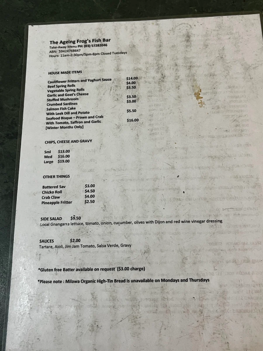 Menu, The Ageing Frog Fish Bar