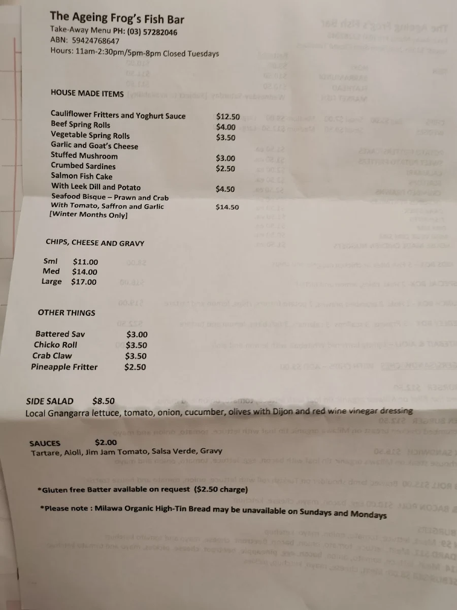 Menu, The Ageing Frog Fish Bar
