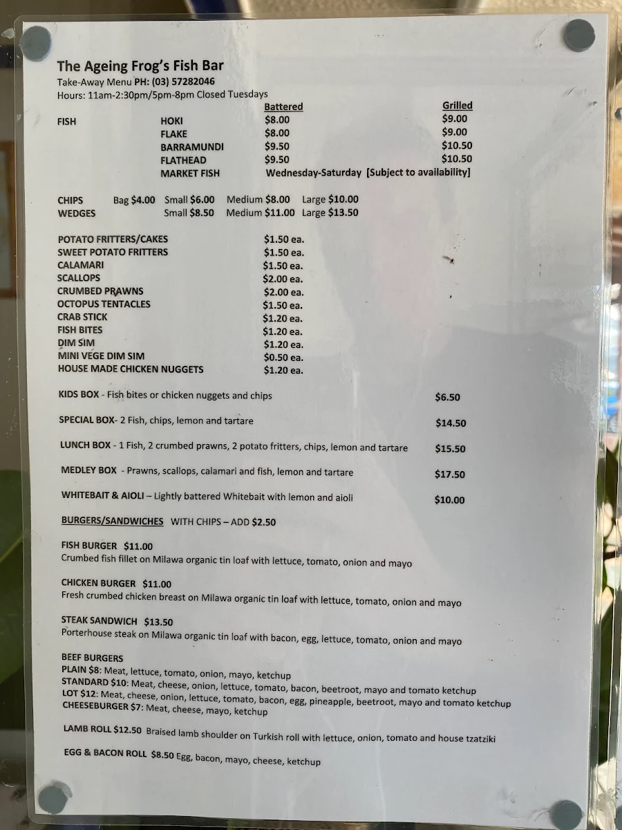 Menu, The Ageing Frog Fish Bar