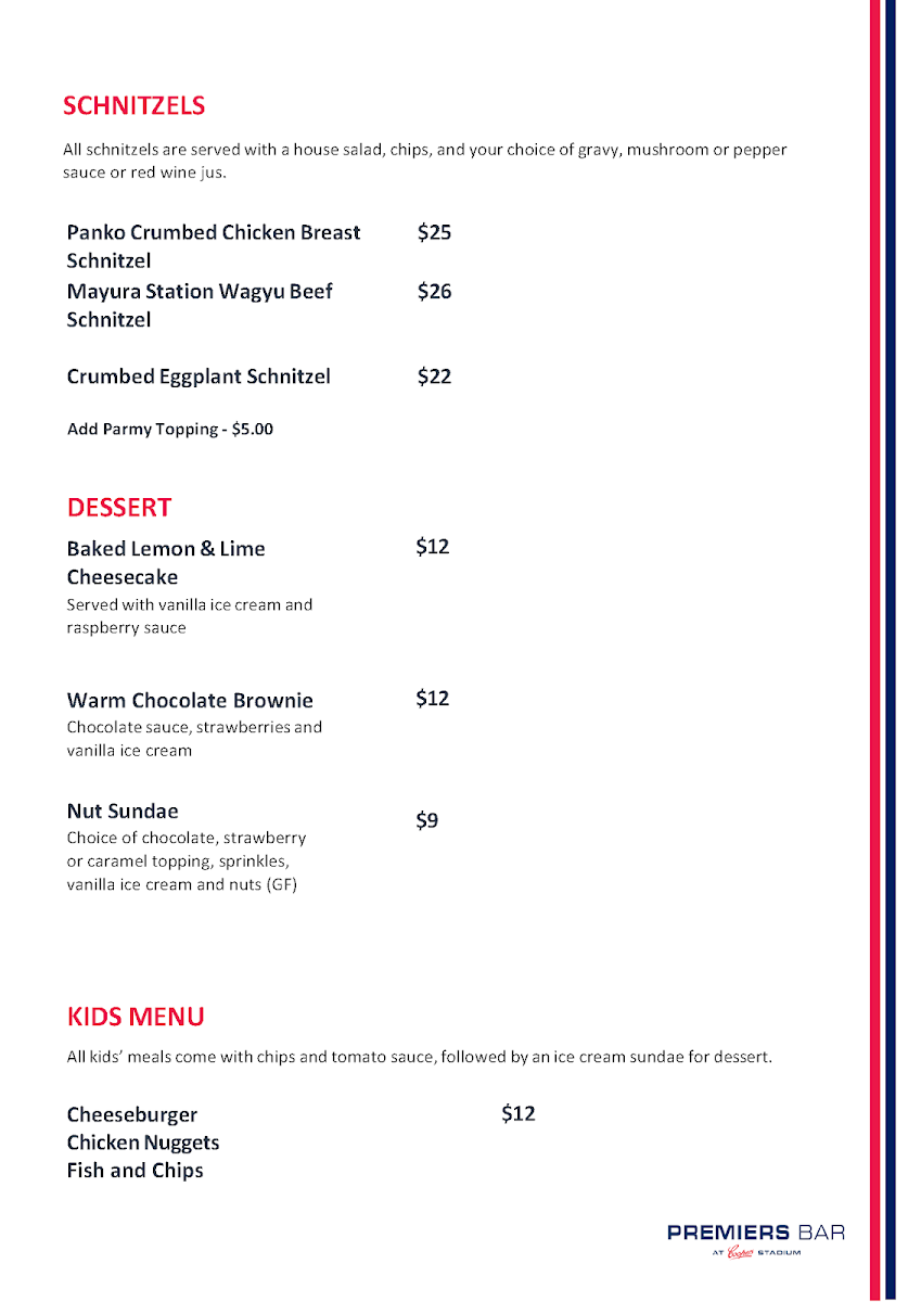 Menu, Premiers Bar | Norwood Function Room