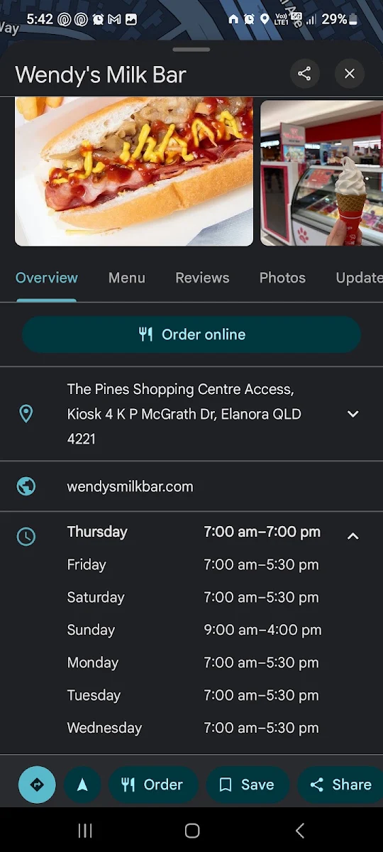 Menu, Wendy's Milk Bar