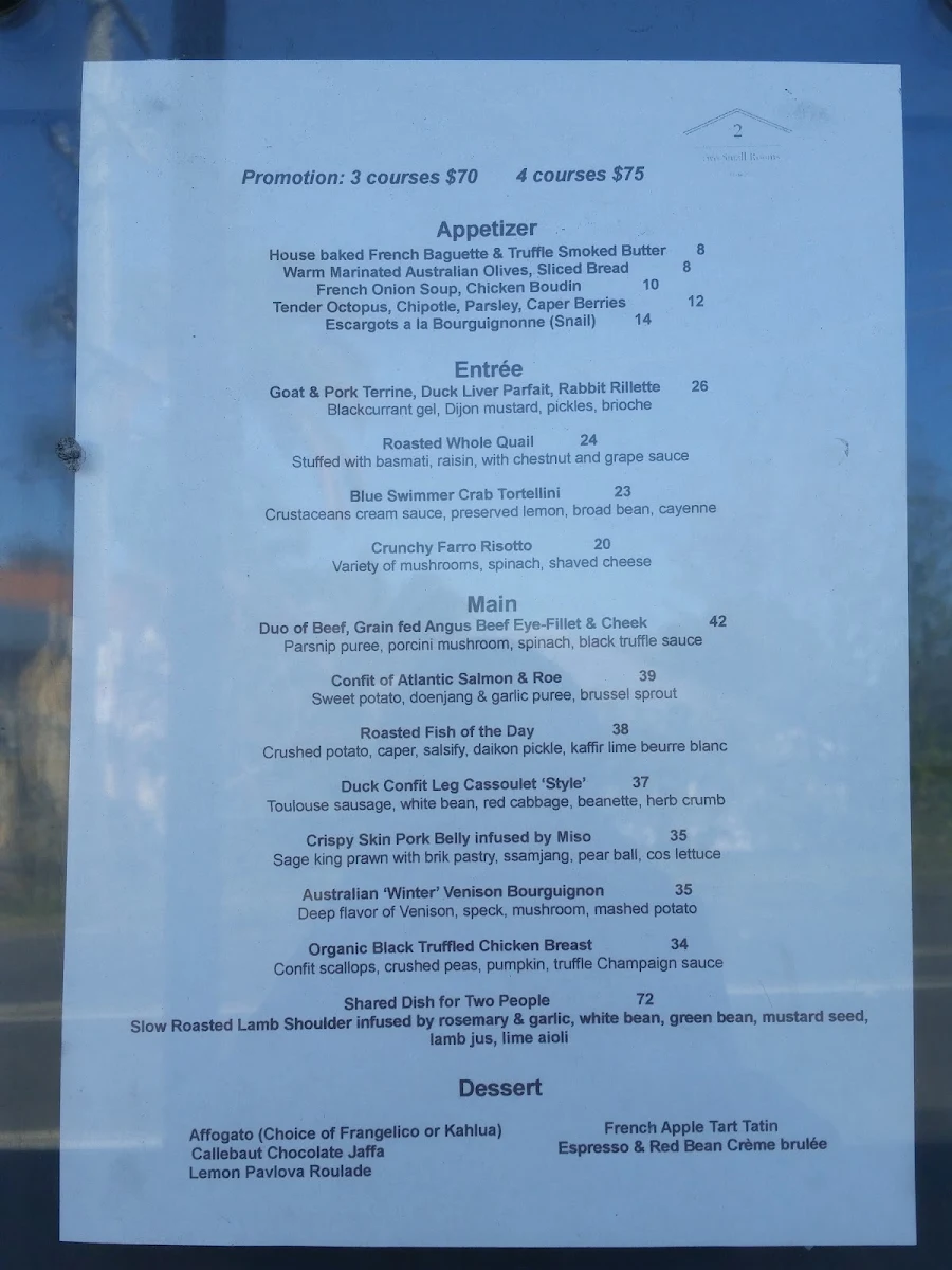 Menu, Two Small Rooms Restaurant