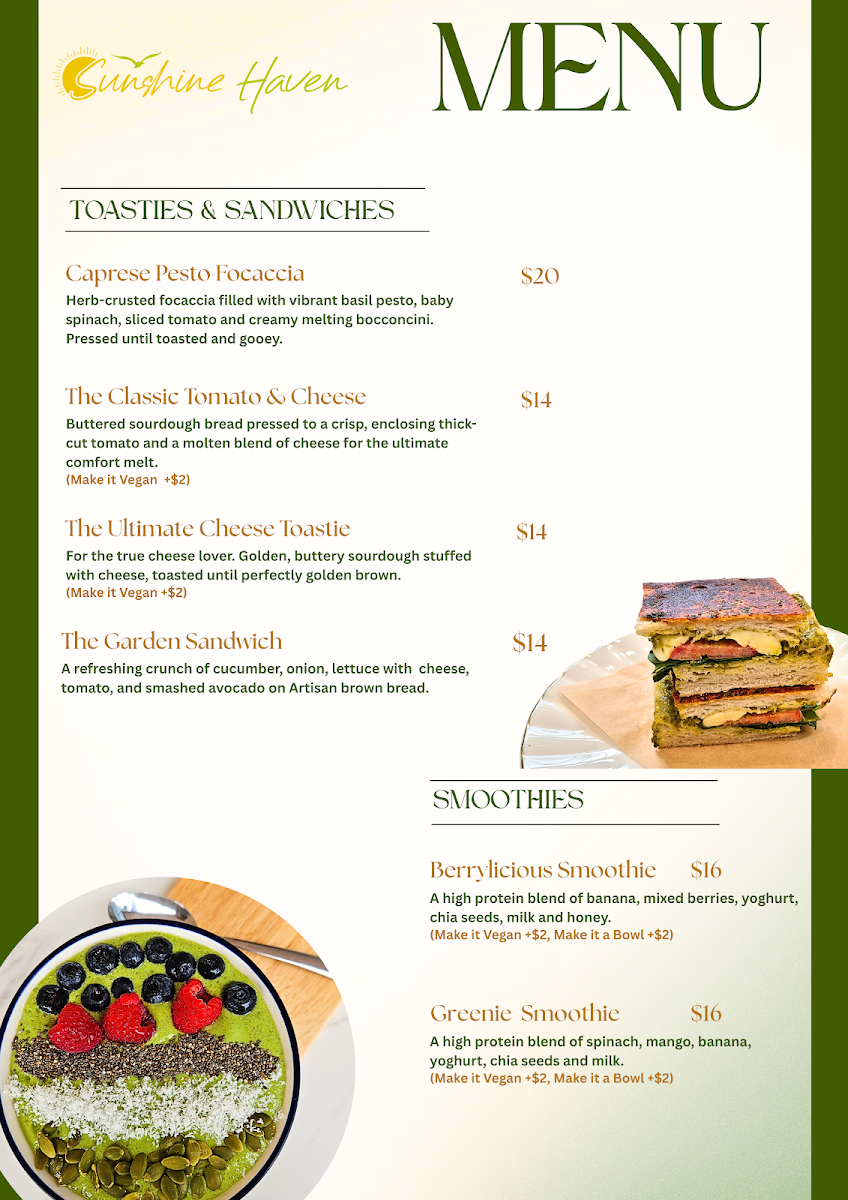 Menu, Sunshine Haven