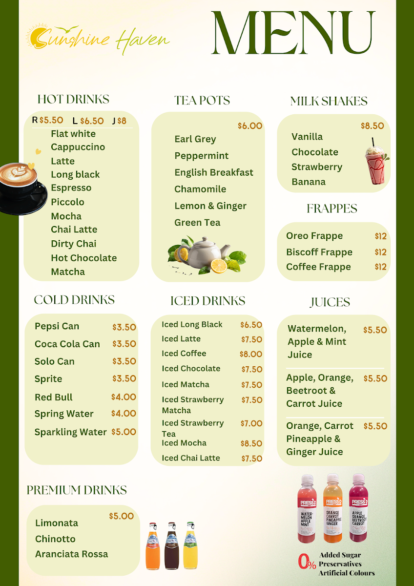 Menu, Sunshine Haven