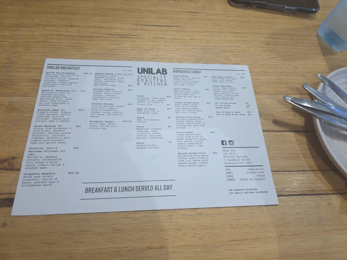 Menu, Unilab Specialty Roasters & Kitchen
